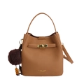 Minimalist brown bucket bag in textured leather with gold lock and plush charm - With Pendant / Brown