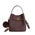 Deep brown pebble leather bucket bag with gold clasp and plush ball charm accessory - Without Pendant / Brown