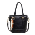 Chic black PU bucket bag with gold buckle detail and decorative beaded tassel charm - Black