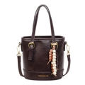 Dark brown PU leather bucket bag with top handles and a colorful beaded pendant charm - Brown