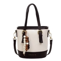 Fashionable PU bucket bag in white and brown contrast with decorative bead charm - White