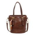 Brown PU leather bucket bag with pleated texture and adjustable shoulder strap - Brown