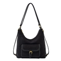 Minimalist black U-shaped shoulder bag with white contrast stitching and gold hardware - Black
