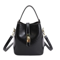 Bolso cubo de cuero negro brillante con cierre dorado y correas para mujer - Negro