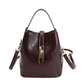 Bolso cubo marrón oscuro brillante con herrajes dorados y correa ajustable - Marrón