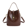 Bolso saco vintage marrón oscuro en cuero brillante con cierre giratorio dorado - Arena