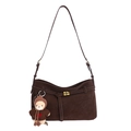 Retro brown oversized shoulder bag in matte suede with a cute bear charm pendant - With Charm / Brown