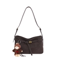 Dark brown matte shoulder bag with metal clasp and a cute bear plush keychain accessory - With Charm / Brown
