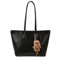 Large black tote bag in glossy faux leather with a cute brown plush bear pendant charm - With Pendant / Black