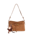 Detailed view of brown matte tote bag featuring a gold buckle and cute teddy bear pendant - With Charm / Caramel color