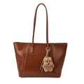Retro brown oversized tote bag in polished leather with cute plush bear keychain - With Pendant / Brown