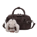 Deep brown vintage handbag with white stitching and a cute plush bunny charm detail - With Charm / Brown