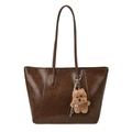 Vintage large dark brown tote bag in oily leather texture with a cute puppy pendant - With Pendant / Tan