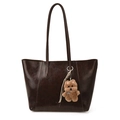 Vintage large capacity dark brown tote bag in glossy leather with a plush puppy charm - With Pendant / Coffee