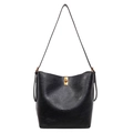 Bolso cubo clásico de cuero negro con cierre dorado y correa de hombro para el diario - Negro