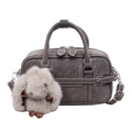 Dark gray faux leather handbag with white contrast stitching and a plush rabbit charm - With Charm / Gray