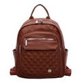 Sac à dos chic en cuir grainé marron avec poche matelassée et logo rond métallique - Marron Foncé