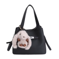 Black pebbled leather bucket bag with a plush bunny charm and silver twist lock - With Pendant / Black