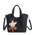 Black pebbled leather bucket bag with cute monkey charm and detachable shoulder strap - With Pendant / Black