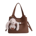 Brown litchi grain leather bucket bag with cute plush rabbit charm and shoulder strap - With Pendant / Brown