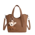 Brown litchi-textured bucket bag with top handle, crossbody strap and cute monkey charm - With Pendant / Brown