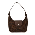 Retro-Handtasche mit Leopardenmuster aus Wildlederimitat und braunem Ledergriff - Leopard Kaffee