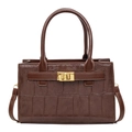 Sac bandoulière marron foncé en cuir embossé avec poignées et fermoir doré rotatif - Marron