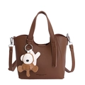 Brown litchi texture bucket bag with a cute monkey charm and detachable shoulder strap - With Pendant / Brown