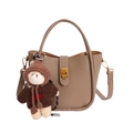 Brown leather bucket bag with litchi texture and a cute brown bear charm pendant - With Pendant / Khaki