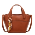 Sac seau en cuir marron avec breloque en perles de bois et bandoulière réglable - Avec Pendentif / Marron