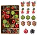 Set di ornamenti natalizi con palline rosse verdi, campane e pigne in una scatola regalo - Rosso, Verde