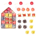 Christmas ornaments set with red baubles, golden gift boxes and cones in house-shaped box - Pine Cone House