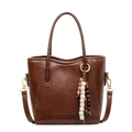 Vintage brown leather tote bag with unique colorful wooden bead charm and long strap - Brown