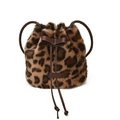 Bolso saco de felpa con estampado de leopardo y detalle de lazo en cuero sintético - Marrón