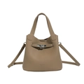 Taupe lychee grain leather bucket bag with silver hardware and adjustable shoulder strap - Elephant Gray