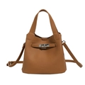 Elegant brown lychee grain leather bucket bag with silver lock and detachable strap - Brown