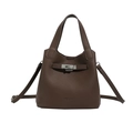 Dark brown lychee pattern leather bucket bag with silver metal twist lock and top handle - Brown