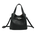 Chic black litchi grain leather bucket bag with silver metal swivel lock and strap - Black