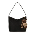 Black woven leather hobo bucket bag with cute teddy bear charm for women's winter style - Black With Pendant