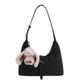 Black faux suede shoulder bag with a soft beige plush rabbit charm pendant detail - With Pendant / Black