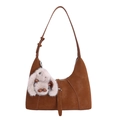 Brown suede hobo shoulder bag with a cute plush rabbit charm and adjustable strap - With Pendant / Brown
