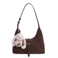 Brown suede hobo shoulder bag with silver buckle and cute white rabbit plush keychain - With Pendant / Brown