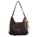 Dark brown large hobo shoulder bag with vintage leather texture and bear charm - With Bear Pendant / Brown