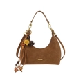 Sac demi-lune en daim marron mat avec pompon bohème coloré et logo doré brillant - Avec Pendentif / Marron