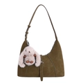 Dark olive green suede hobo bag featuring a cute cream plush bunny charm and shoulder strap - With Pendant / Green