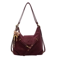 Retro burgundy leather hobo bag with teddy bear charm and adjustable shoulder strap - With Bear Pendant / Burgundy