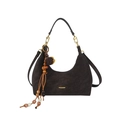 Deep brown crescent hobo bag in faux suede with ethnic beaded tassel and gold hardware - With Pendant / Brown