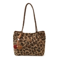 Bolso tote de leopardo en piel de oveja sintética con correas marrones tejidas - Con Colgante / Marrón