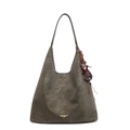 Olive green frosted leather tote bag with gold logo and purple bear charm - With Pendant / Green