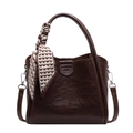 Dark brown leather bucket bag with decorative scarf handle and detachable shoulder strap - Coffee